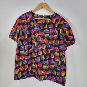 Vintage Book Print Boxy Top Size 1X Short Sleeve V Neck Jewel Tone Novelty Plus